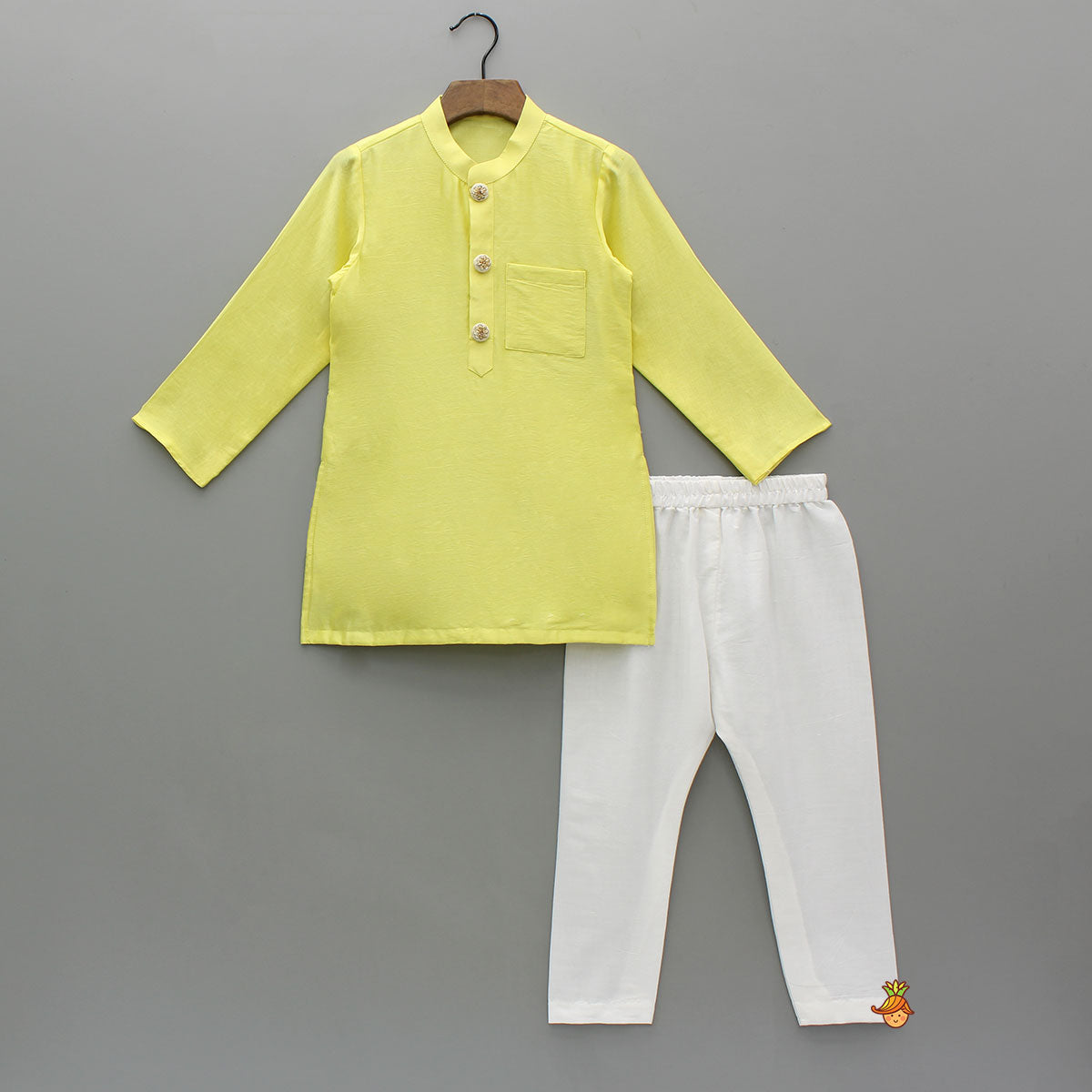 Pre Order: Yellow Kurta With Embroidered Jacket And White Pyjama