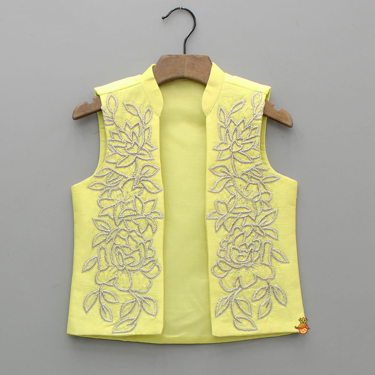 Pre Order: Yellow Kurta With Embroidered Jacket And White Pyjama