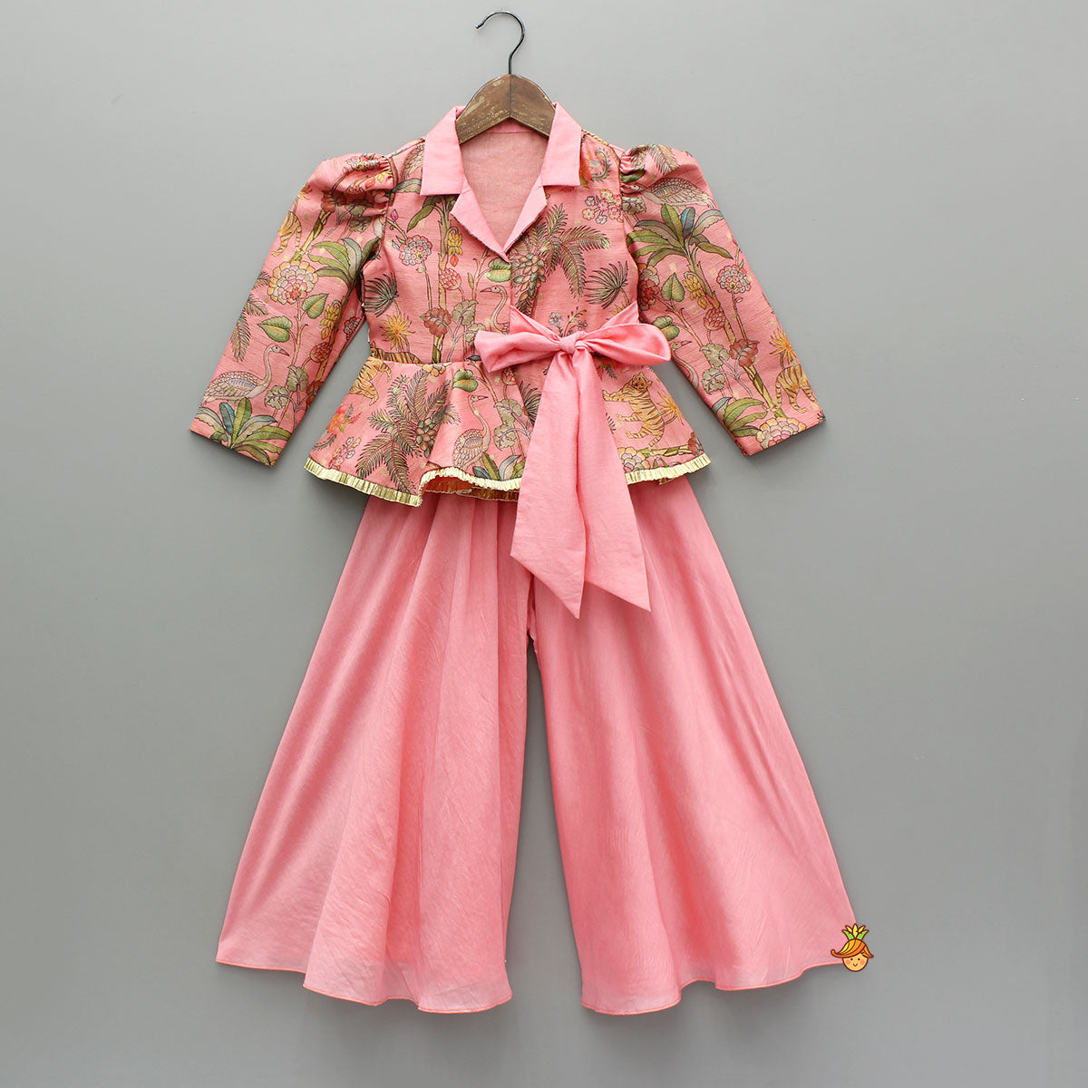 Pre Order: Pink Printed Jacket Style Peplum Top And Flared Palazzo