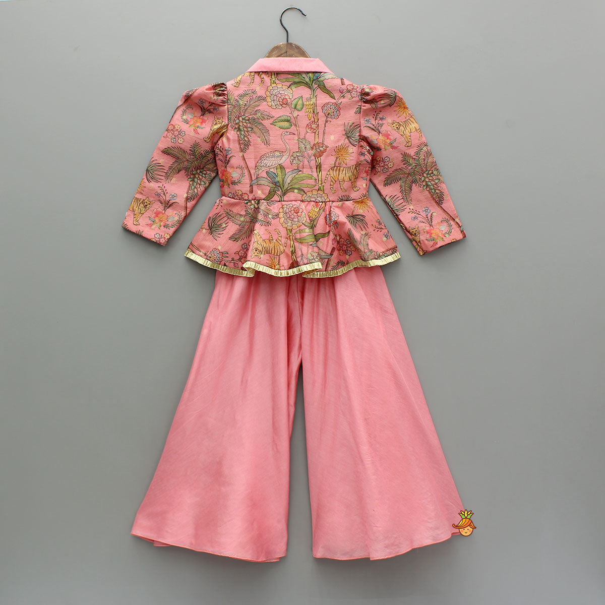 Pre Order: Pink Printed Jacket Style Peplum Top And Flared Palazzo