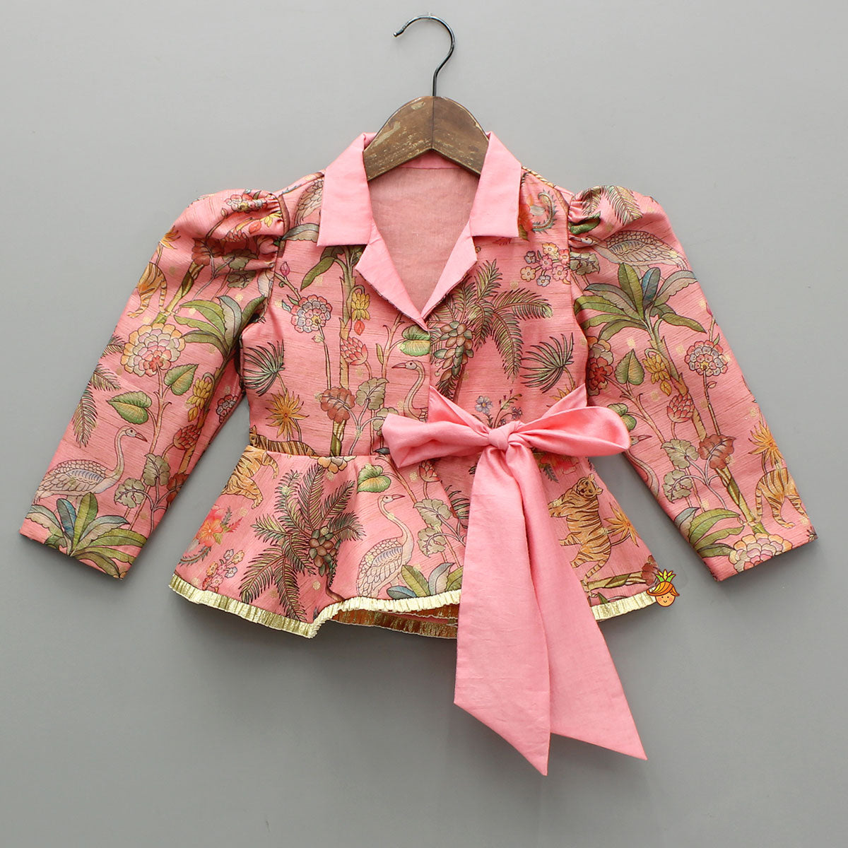 Pre Order: Pink Printed Jacket Style Peplum Top And Flared Palazzo