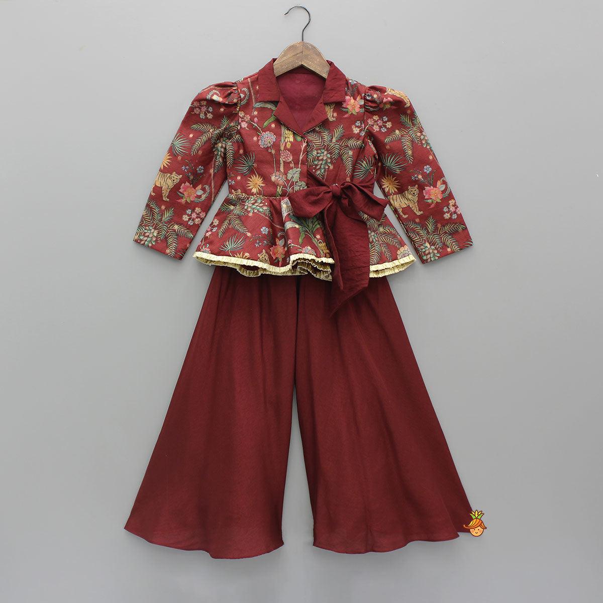 Pre Order: Maroon Printed Jacket Style Peplum Top And Flared Palazzo