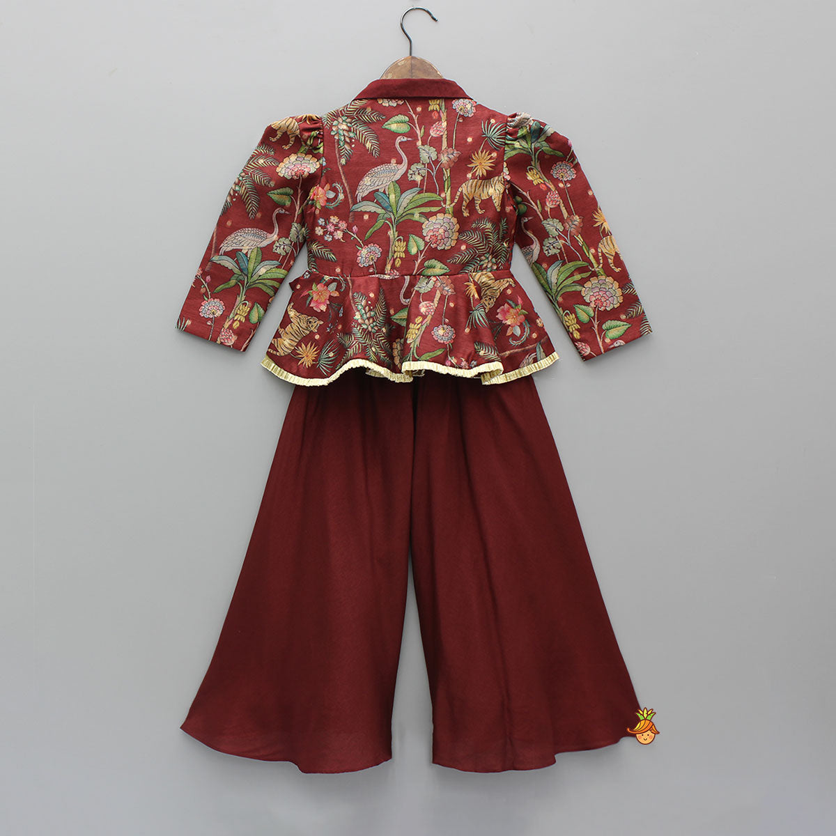 Pre Order: Maroon Printed Jacket Style Peplum Top And Flared Palazzo