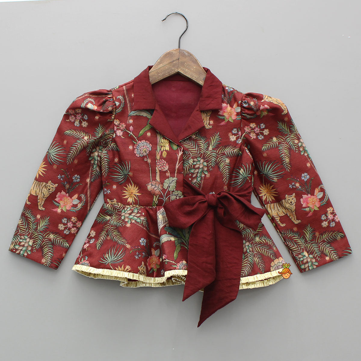 Pre Order: Maroon Printed Jacket Style Peplum Top And Flared Palazzo