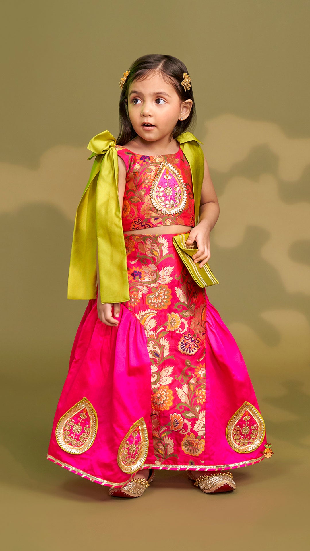 Pre Order: Stunning Bow Embellished Floral Top With Matching Lehenga And Attached Pouch