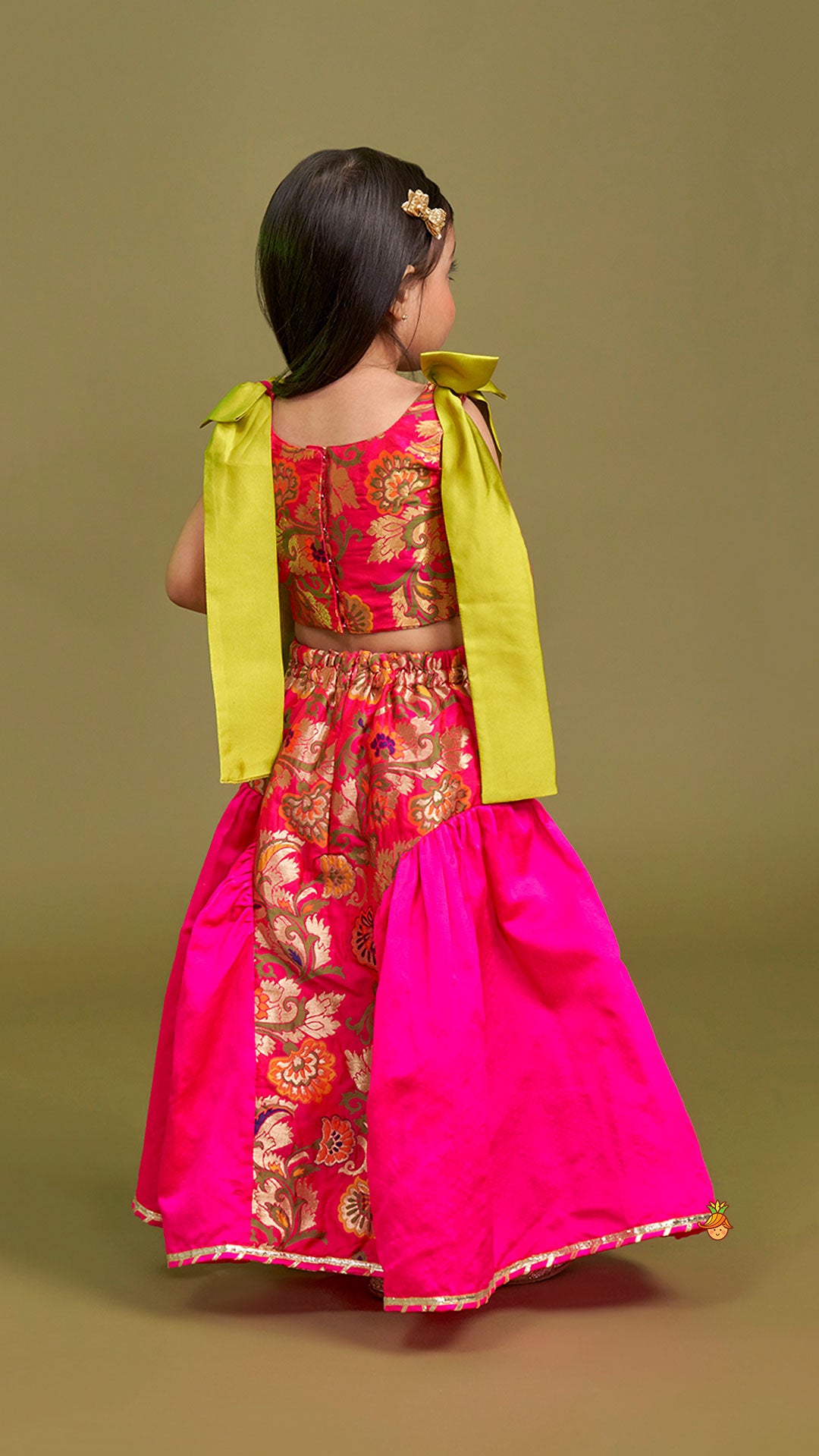 Pre Order: Stunning Bow Embellished Floral Top With Matching Lehenga And Attached Pouch