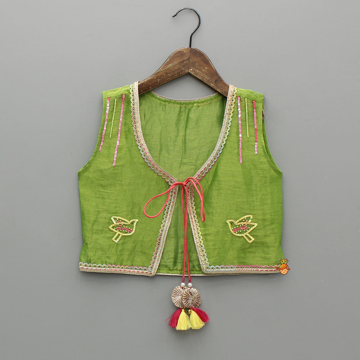 Pre Order: Green Kurti With Vest Style Jacket And Pant And Dupatta
