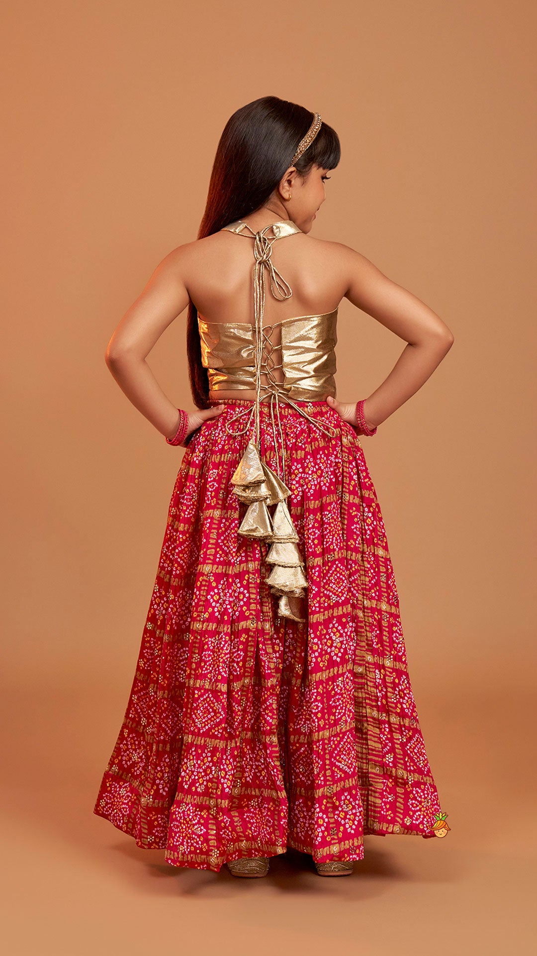 Pre Order: Halter Neck Top With Pink Bandhani Printed Lehenga