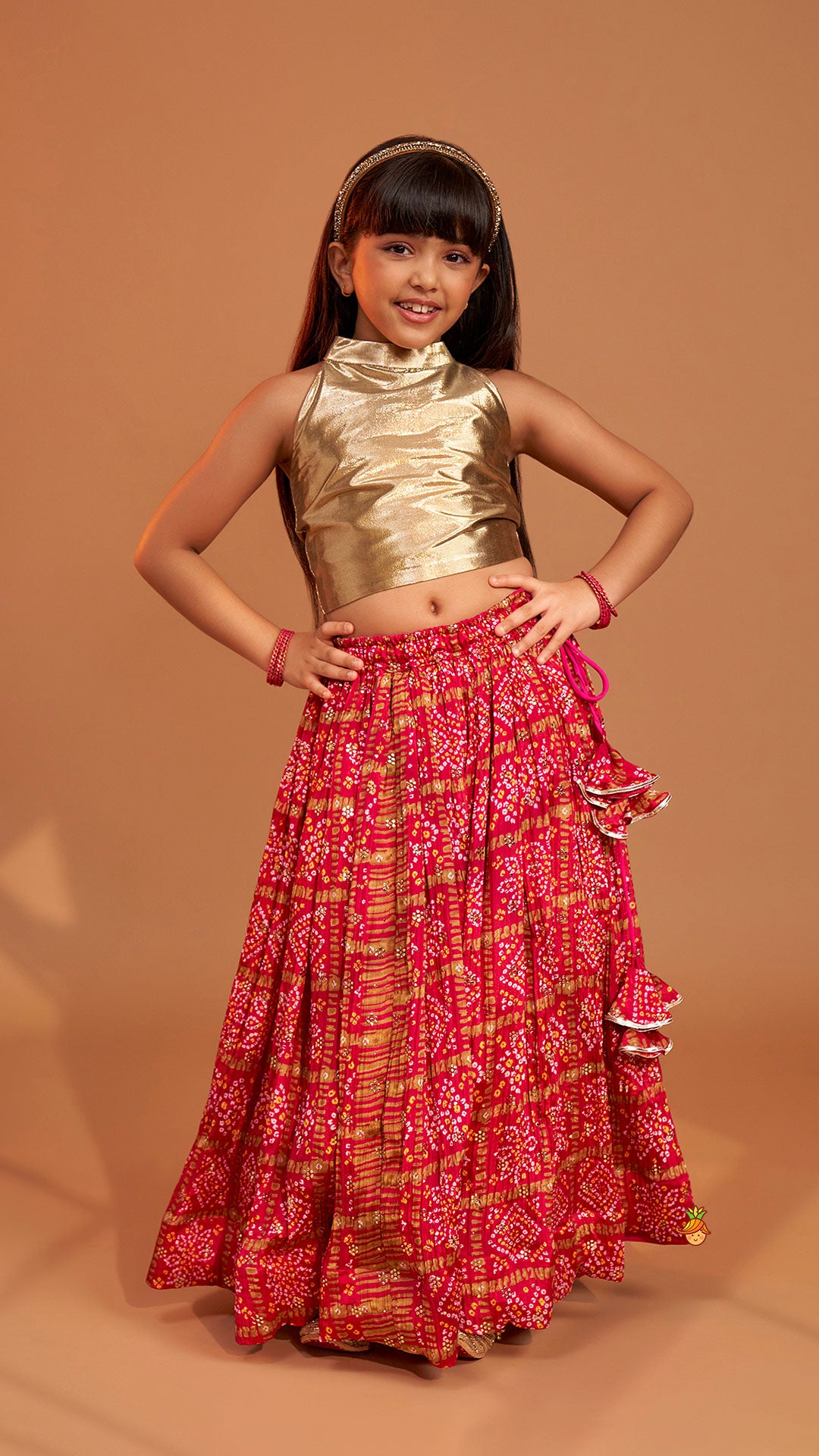 Pre Order: Halter Neck Top With Pink Bandhani Printed Lehenga