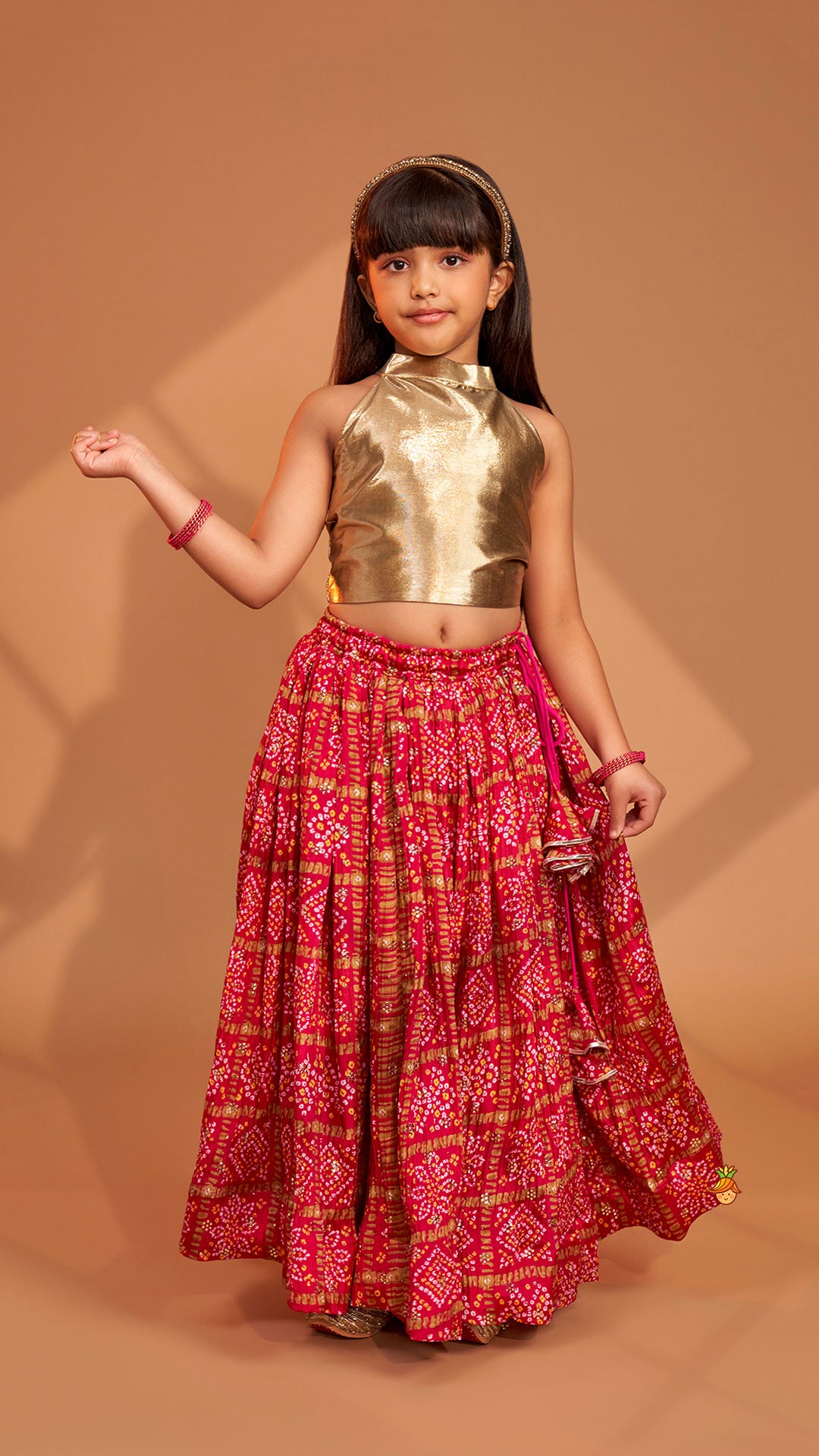 Pre Order: Halter Neck Top With Pink Bandhani Printed Lehenga
