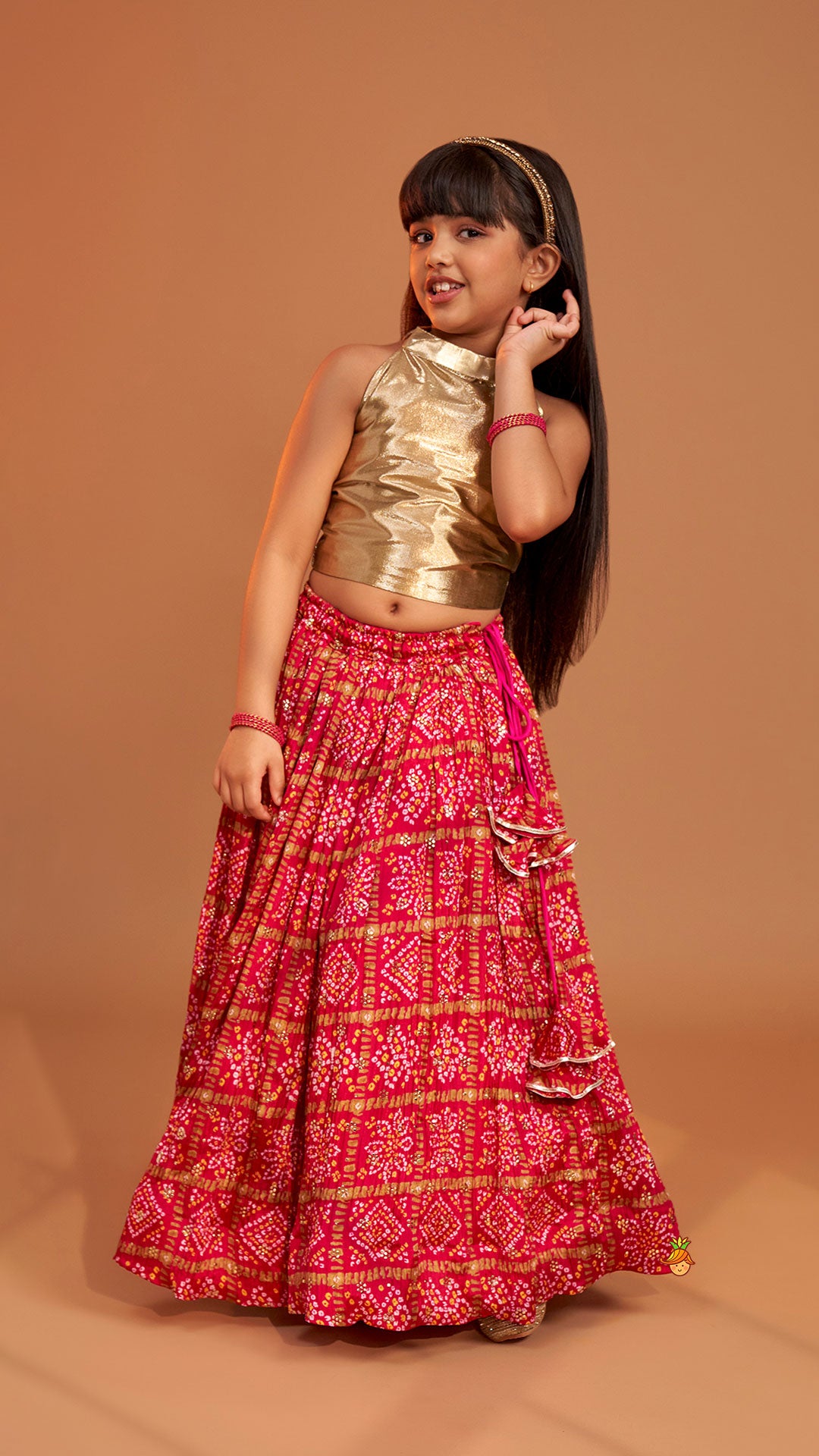 Pre Order: Halter Neck Top With Pink Bandhani Printed Lehenga