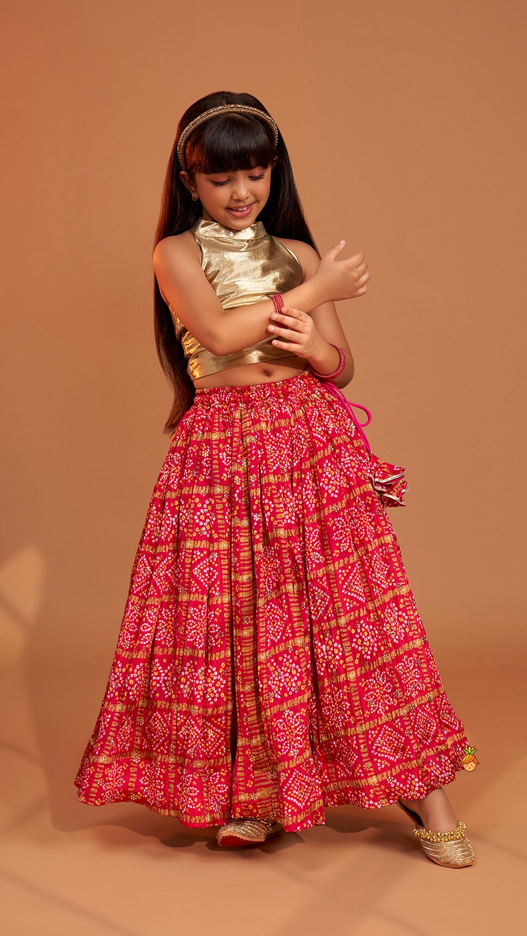 Pre Order: Halter Neck Top With Pink Bandhani Printed Lehenga