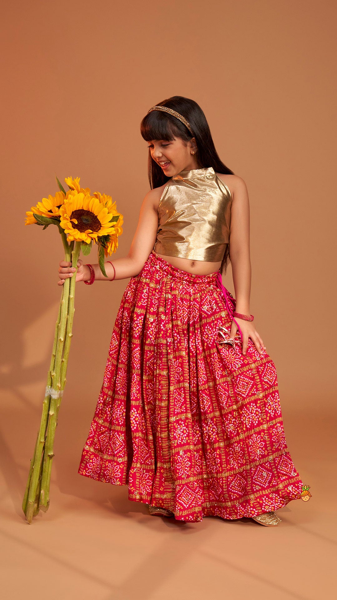 Pre Order: Halter Neck Top With Pink Bandhani Printed Lehenga