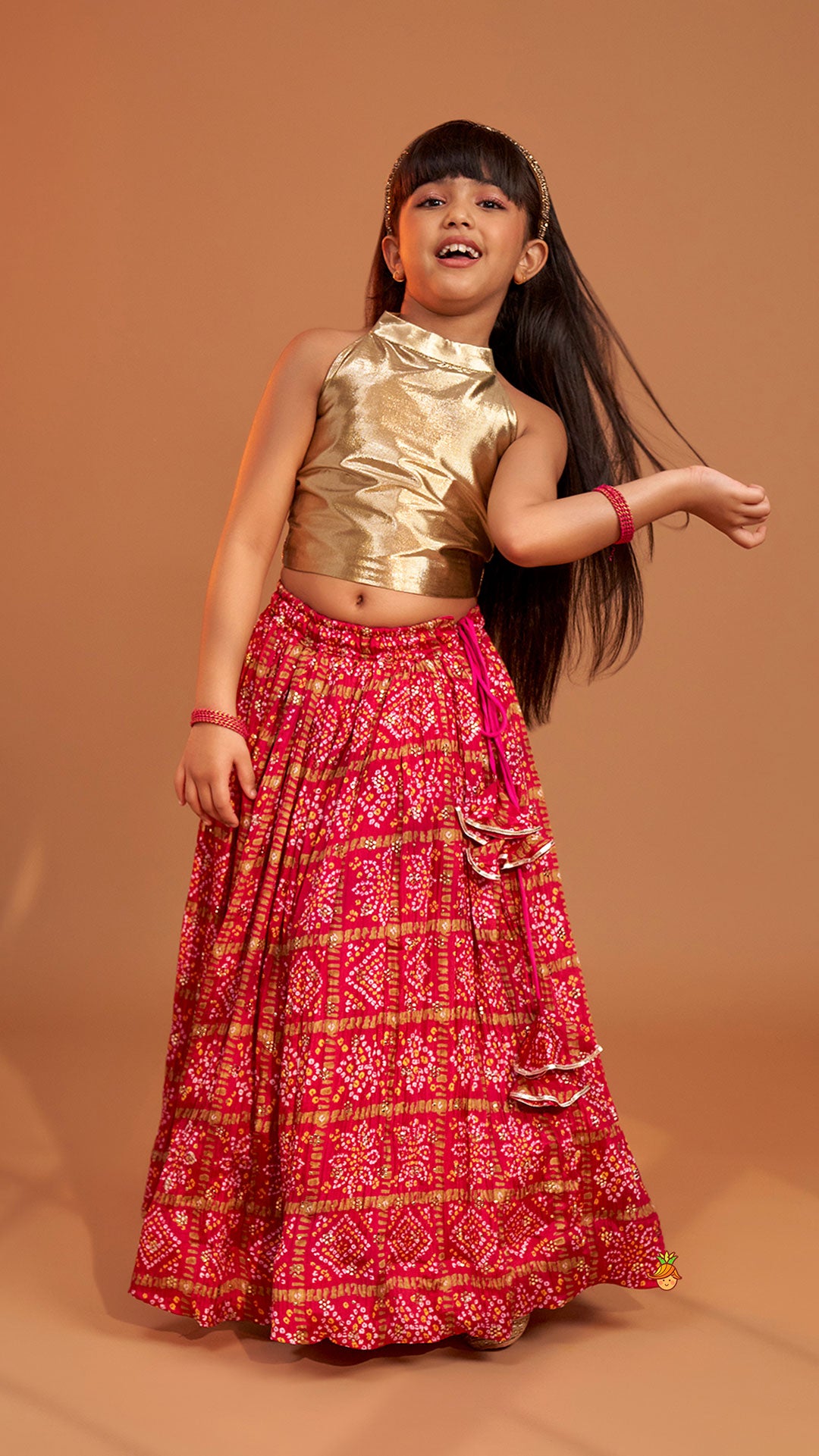 Pre Order: Halter Neck Top With Pink Bandhani Printed Lehenga