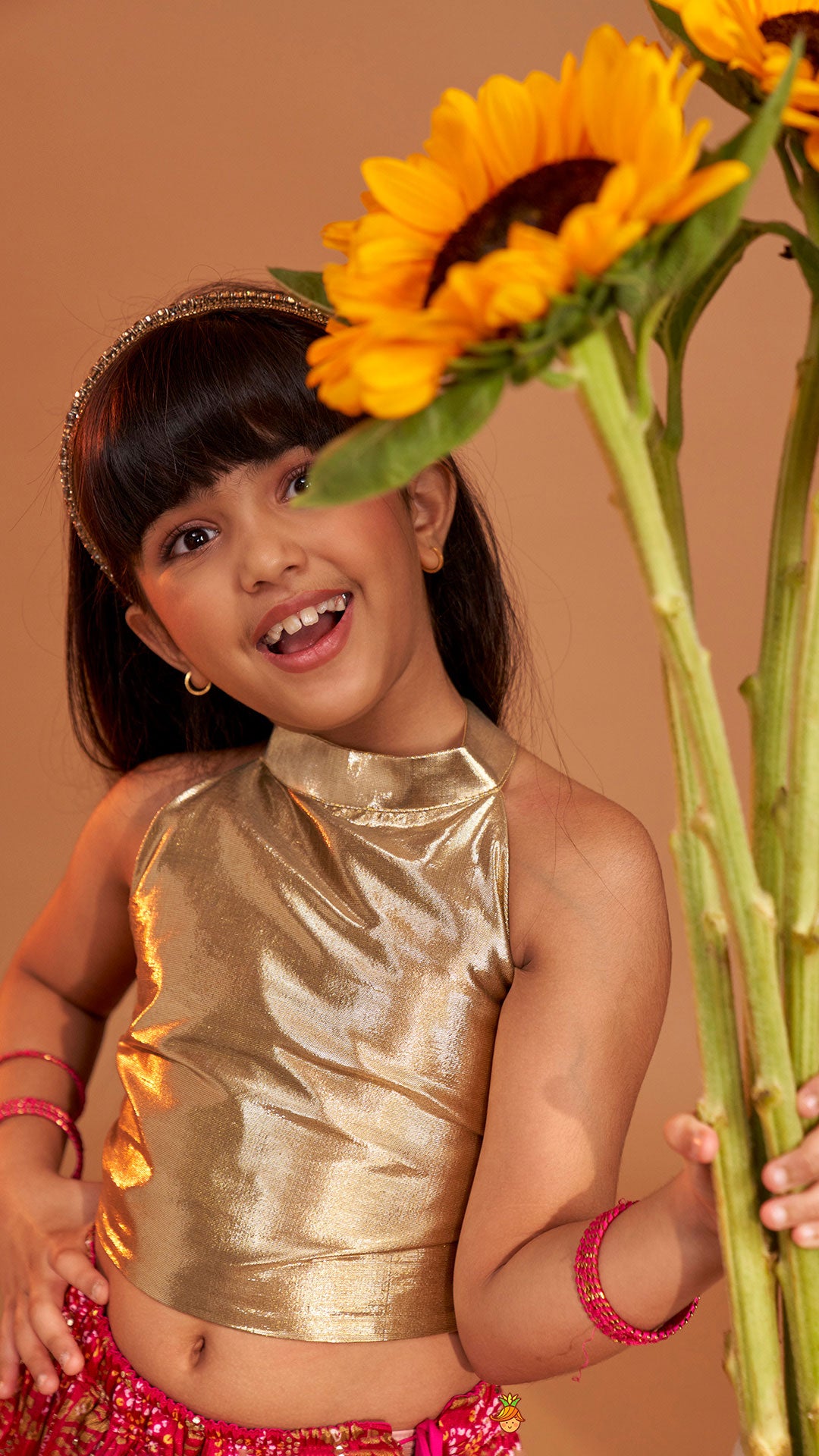 Pre Order: Halter Neck Top With Pink Bandhani Printed Lehenga