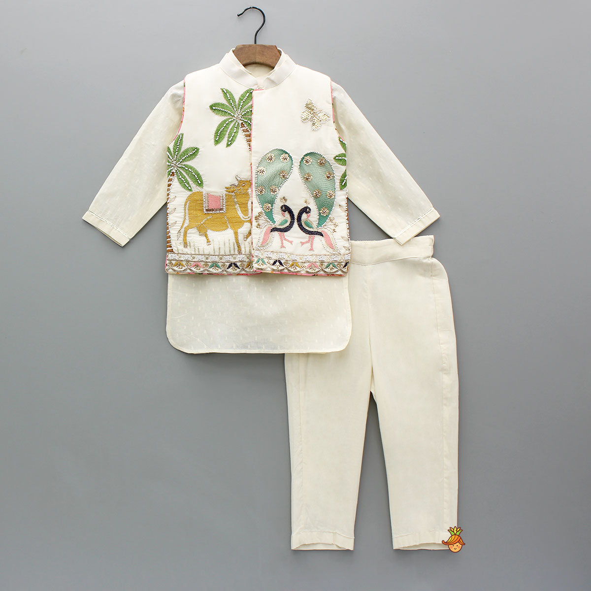 Pre Order: Off White Kurta With Beautiful Embroidered Jacket And Pyjama