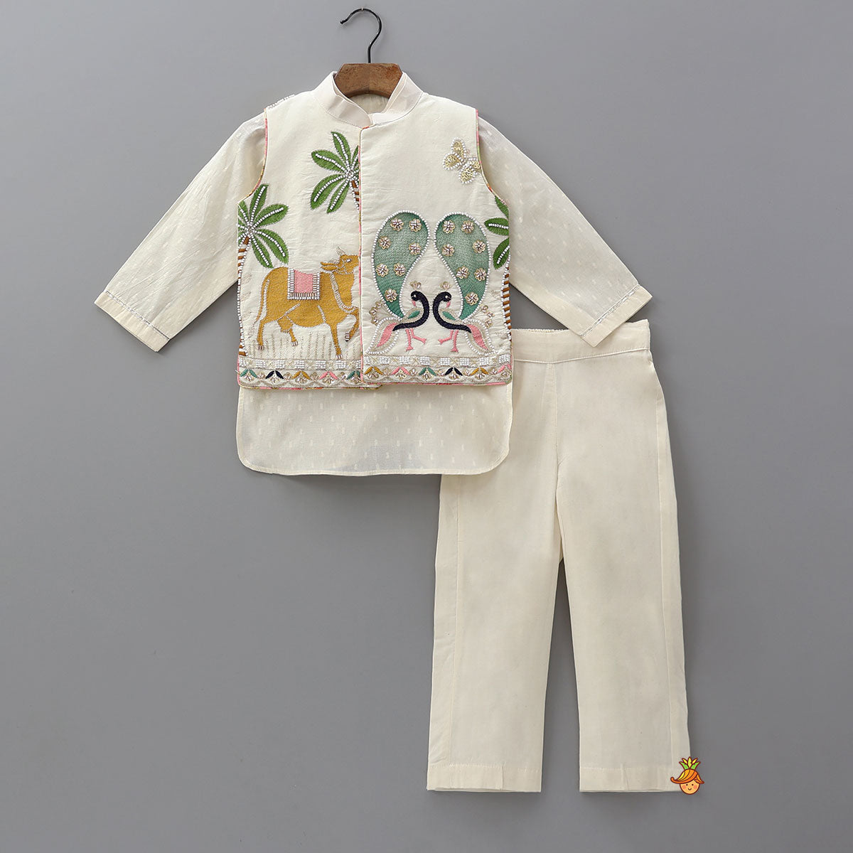 Pre Order: Off White Kurta With Beautiful Embroidered Jacket And Pyjama