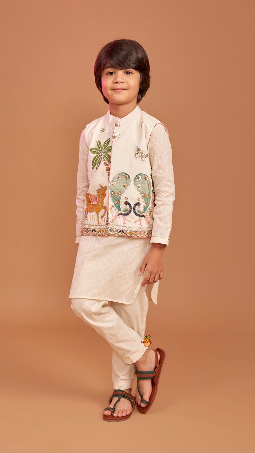 Pre Order: Off White Kurta With Beautiful Embroidered Jacket And Pyjama