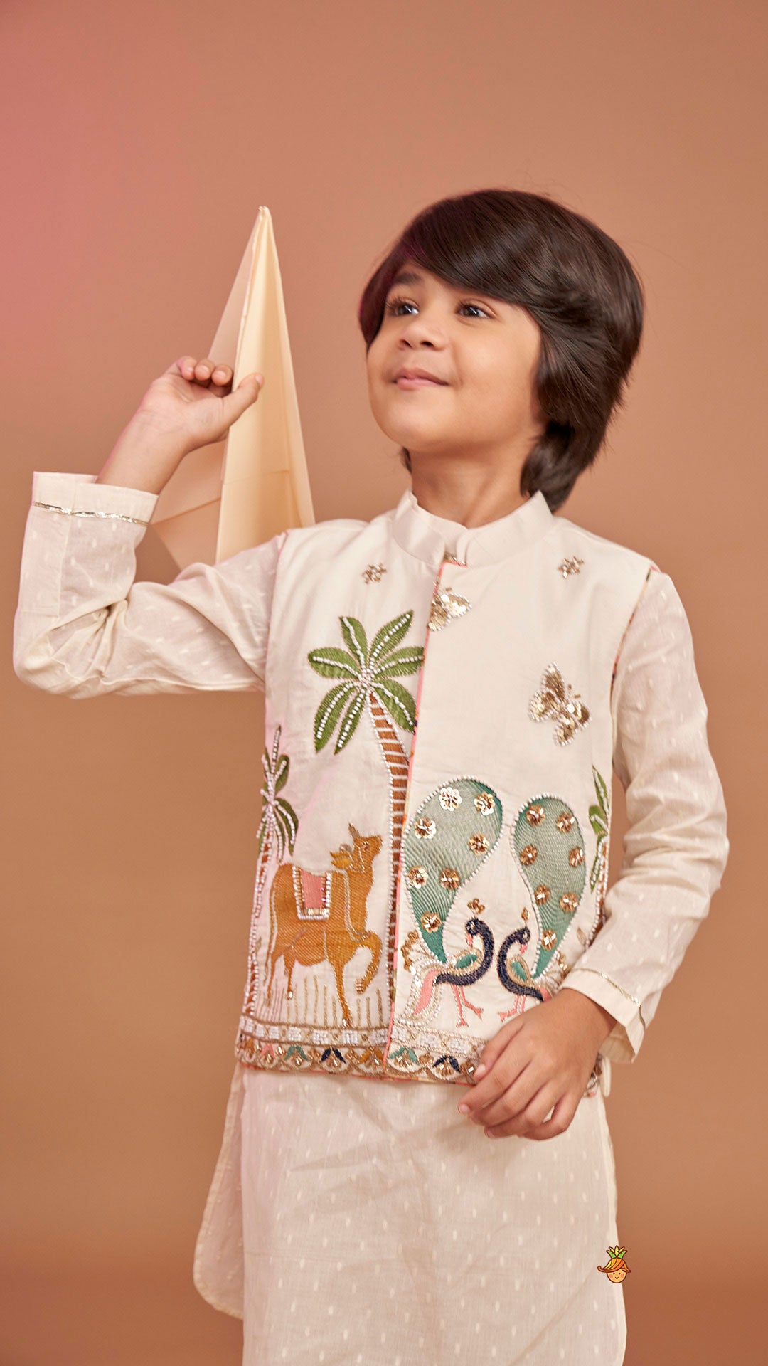 Pre Order: Off White Kurta With Beautiful Embroidered Jacket And Pyjama
