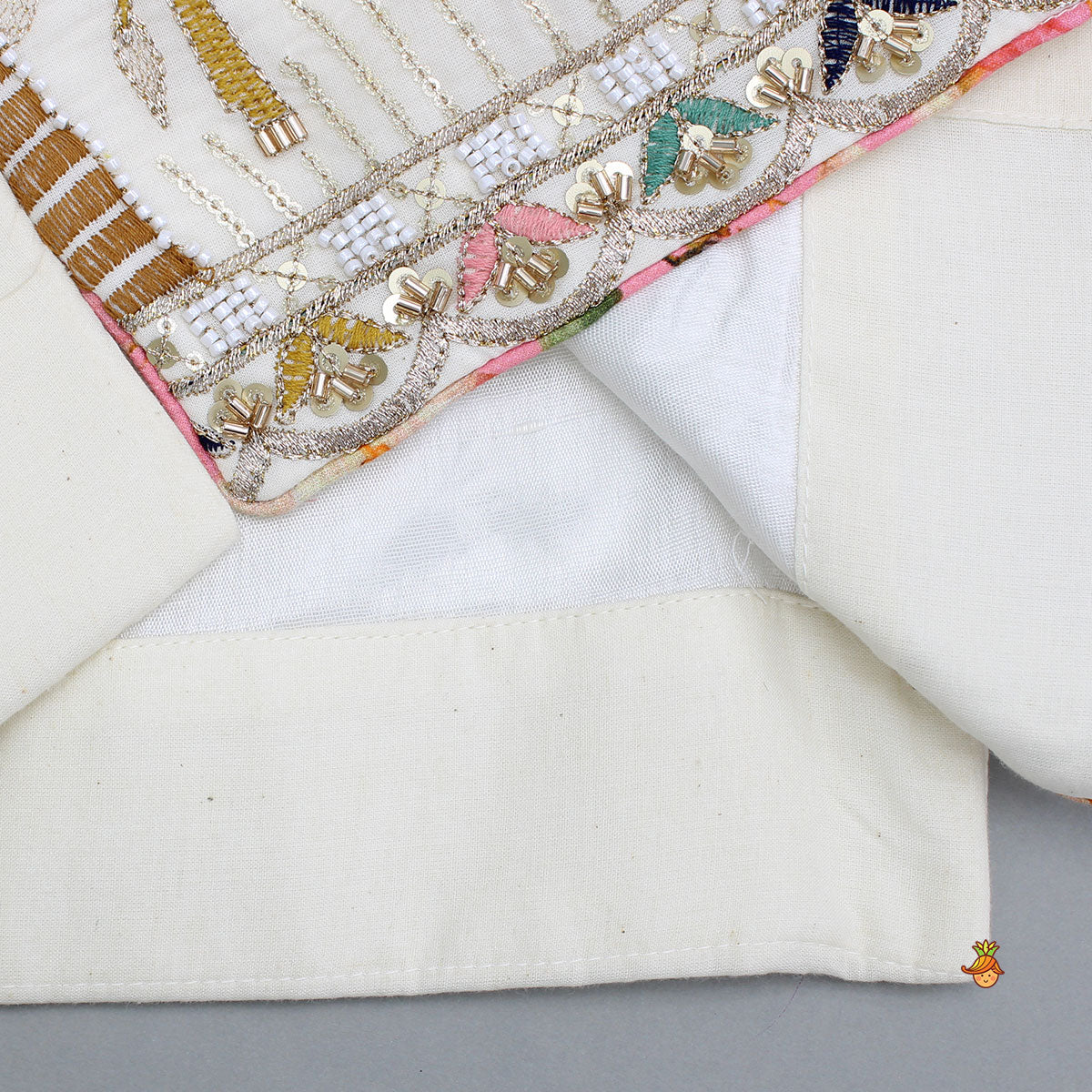 Pre Order: Off White Kurta With Beautiful Embroidered Jacket And Pyjama