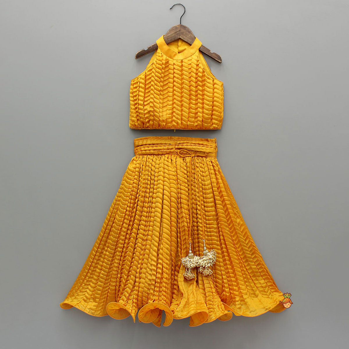 Pre Order: Beautiful Yellow Shimmery Halter Neck Top With Lehenga