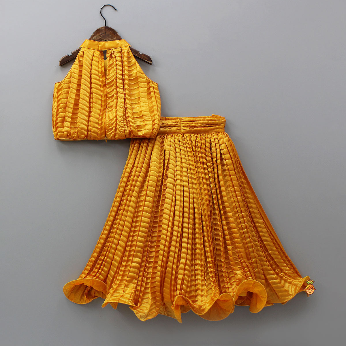 Pre Order: Beautiful Yellow Shimmery Halter Neck Top With Lehenga