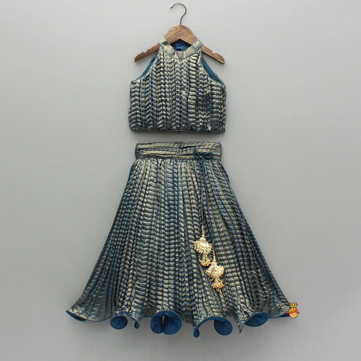 Pre Order: Beautiful Blue Shimmery Halter Neck Top With Lehenga