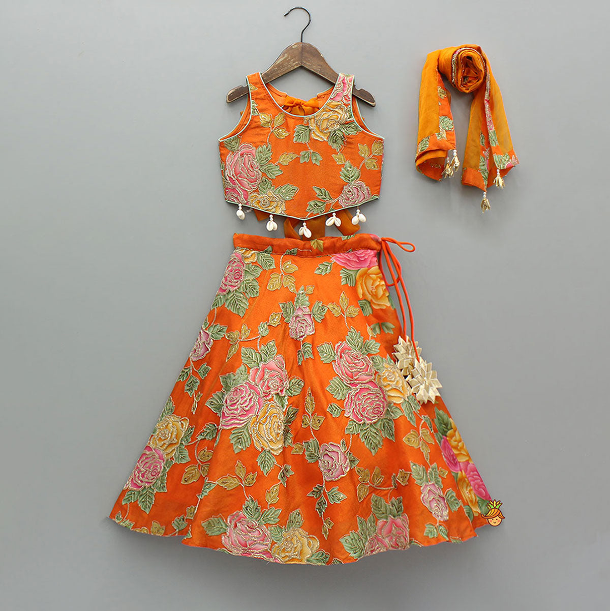 Pre Order: Elegant Orange Floral Printed Top With Lehenga And Dupatta