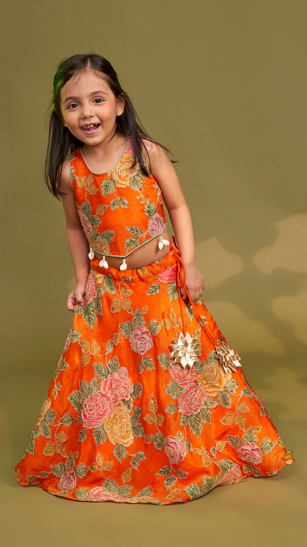 Pre Order: Elegant Orange Floral Printed Top With Lehenga And Dupatta