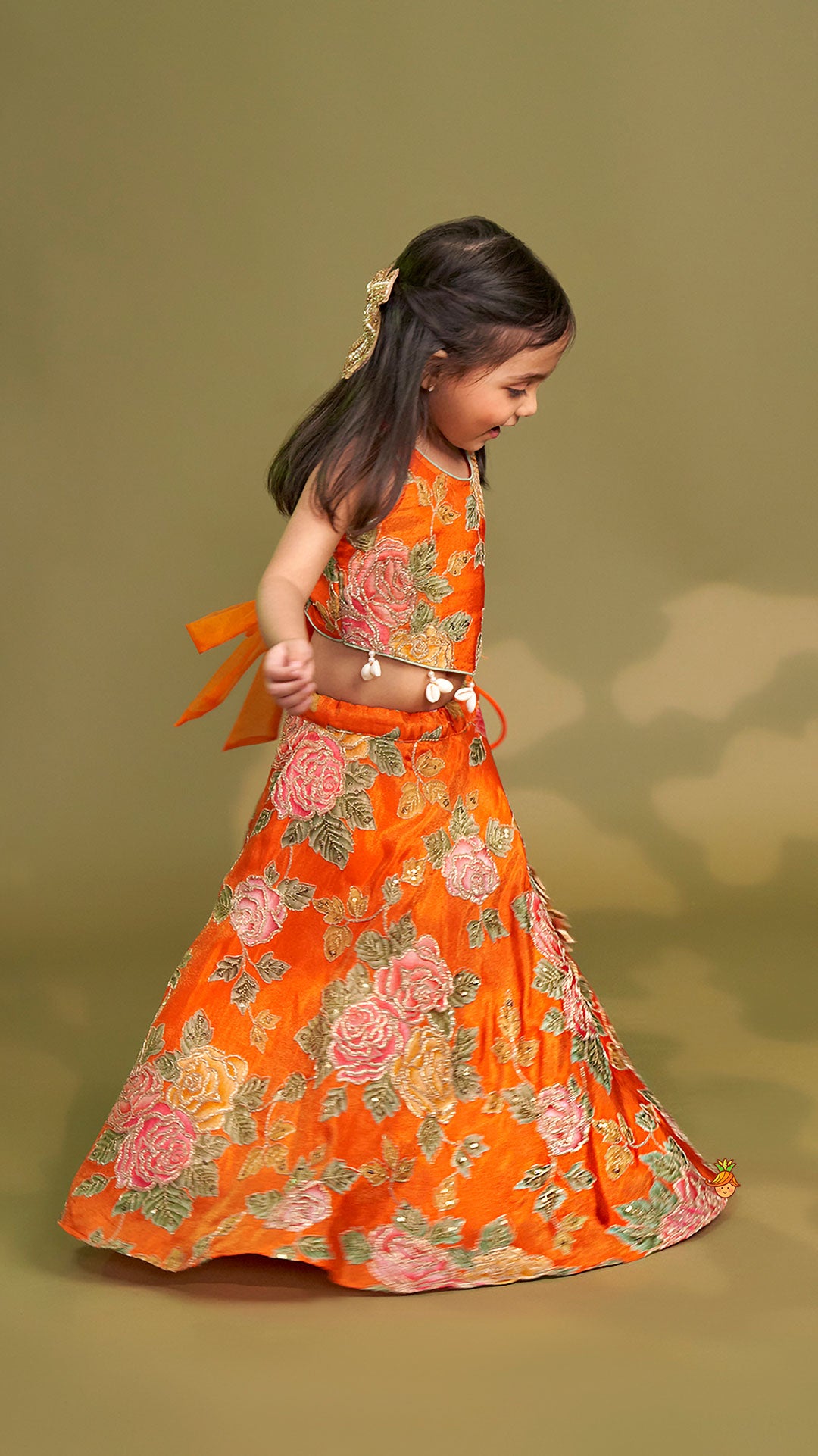 Pre Order: Elegant Orange Floral Printed Top With Lehenga And Dupatta