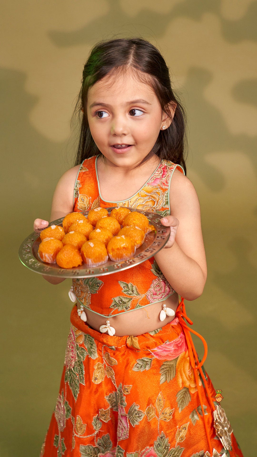 Pre Order: Elegant Orange Floral Printed Top With Lehenga And Dupatta