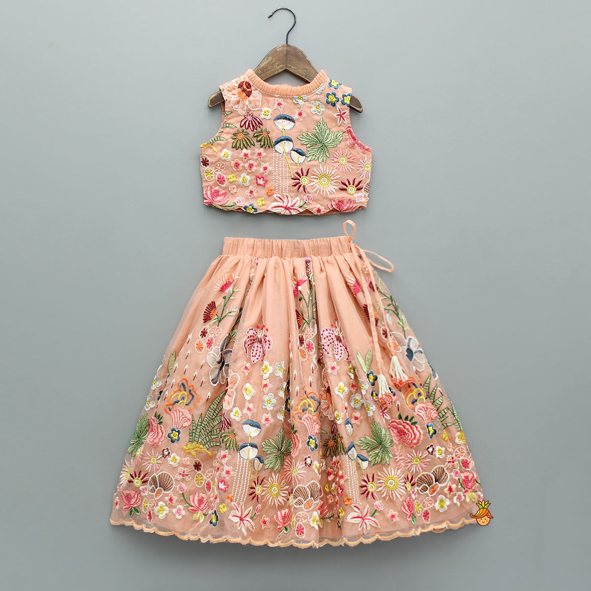 Pre Order: Elegant Scalloped Hem Multicolour Thread Embroidered Top And Lehenga