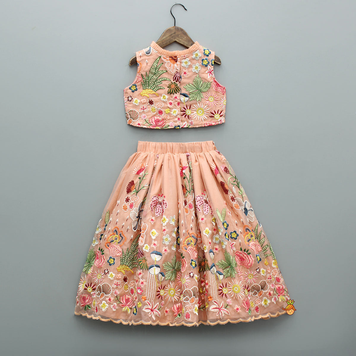 Pre Order: Elegant Scalloped Hem Multicolour Thread Embroidered Top And Lehenga