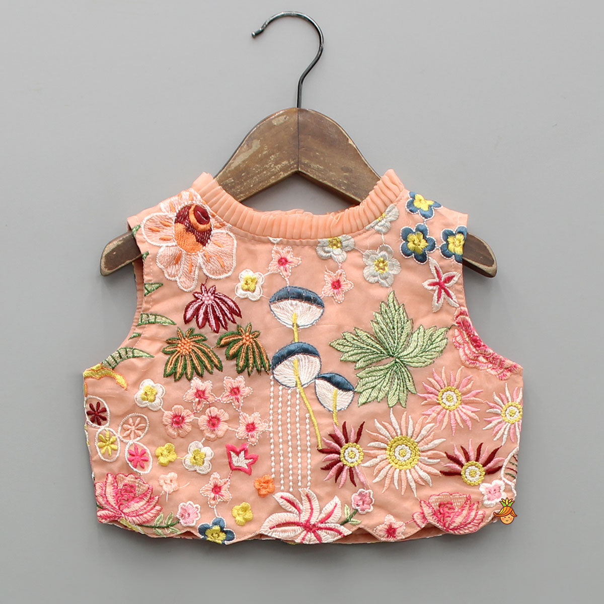 Pre Order: Elegant Scalloped Hem Multicolour Thread Embroidered Top And Lehenga