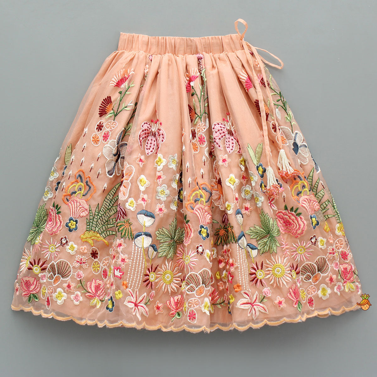 Pre Order: Elegant Scalloped Hem Multicolour Thread Embroidered Top And Lehenga