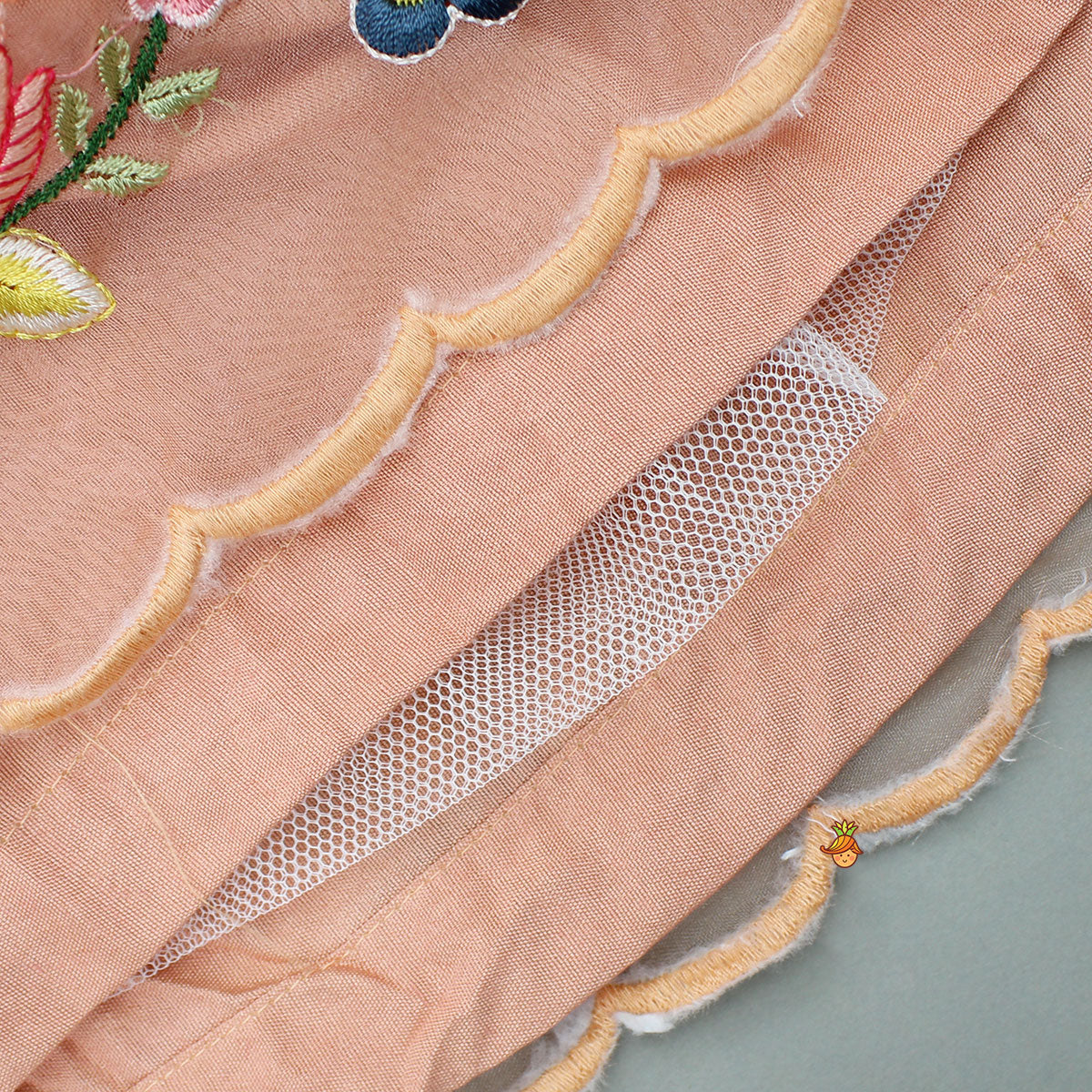 Pre Order: Elegant Scalloped Hem Multicolour Thread Embroidered Top And Lehenga