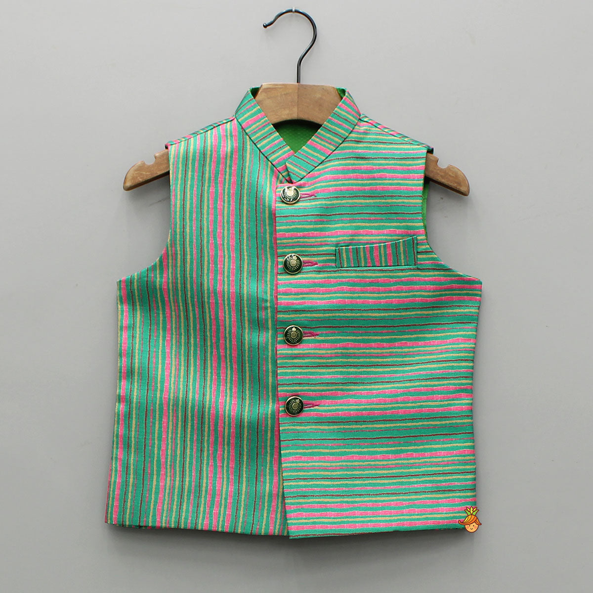 Pre Order: Green Kurta With Printed Jacket And Pyjama