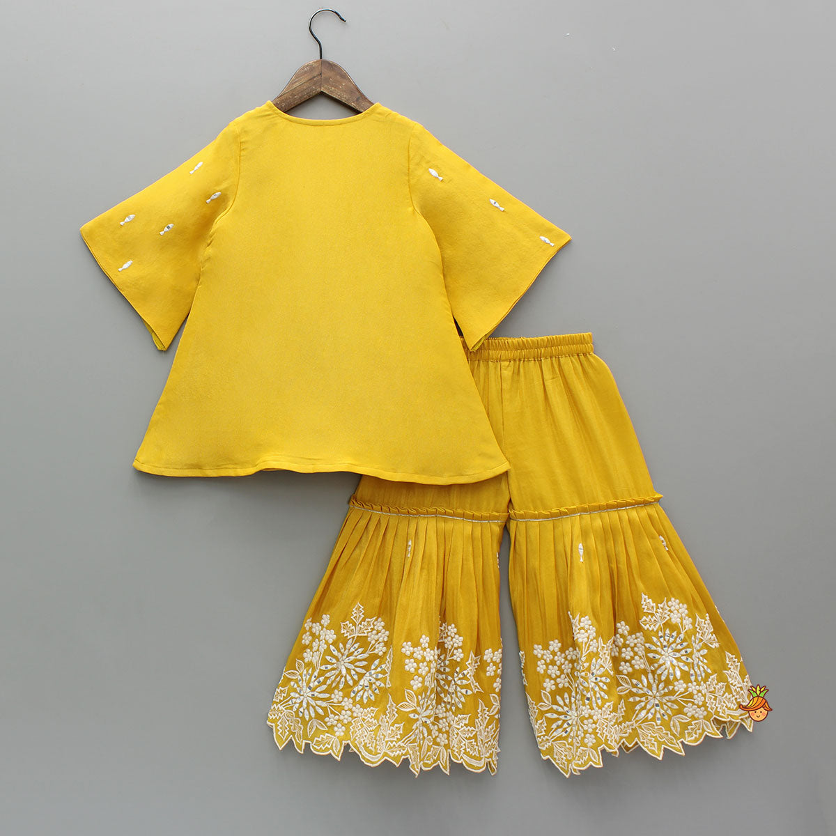 Pre Order: Shimmery Faux Mirror Embroidered Kurti With Shimmery Sharara And Dupatta