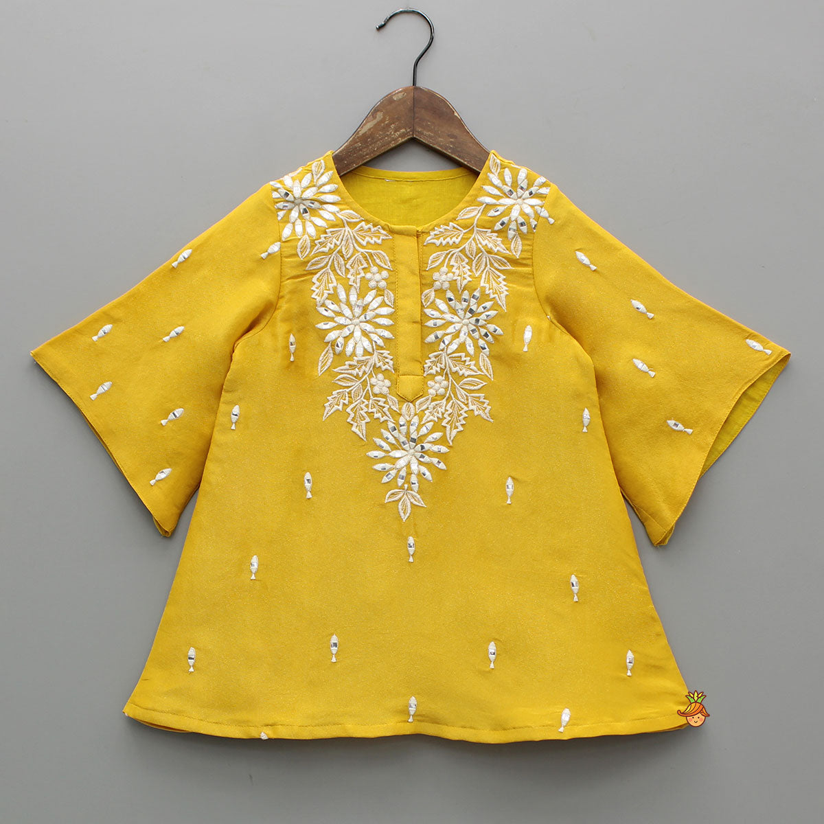 Pre Order: Shimmery Faux Mirror Embroidered Kurti With Shimmery Sharara And Dupatta