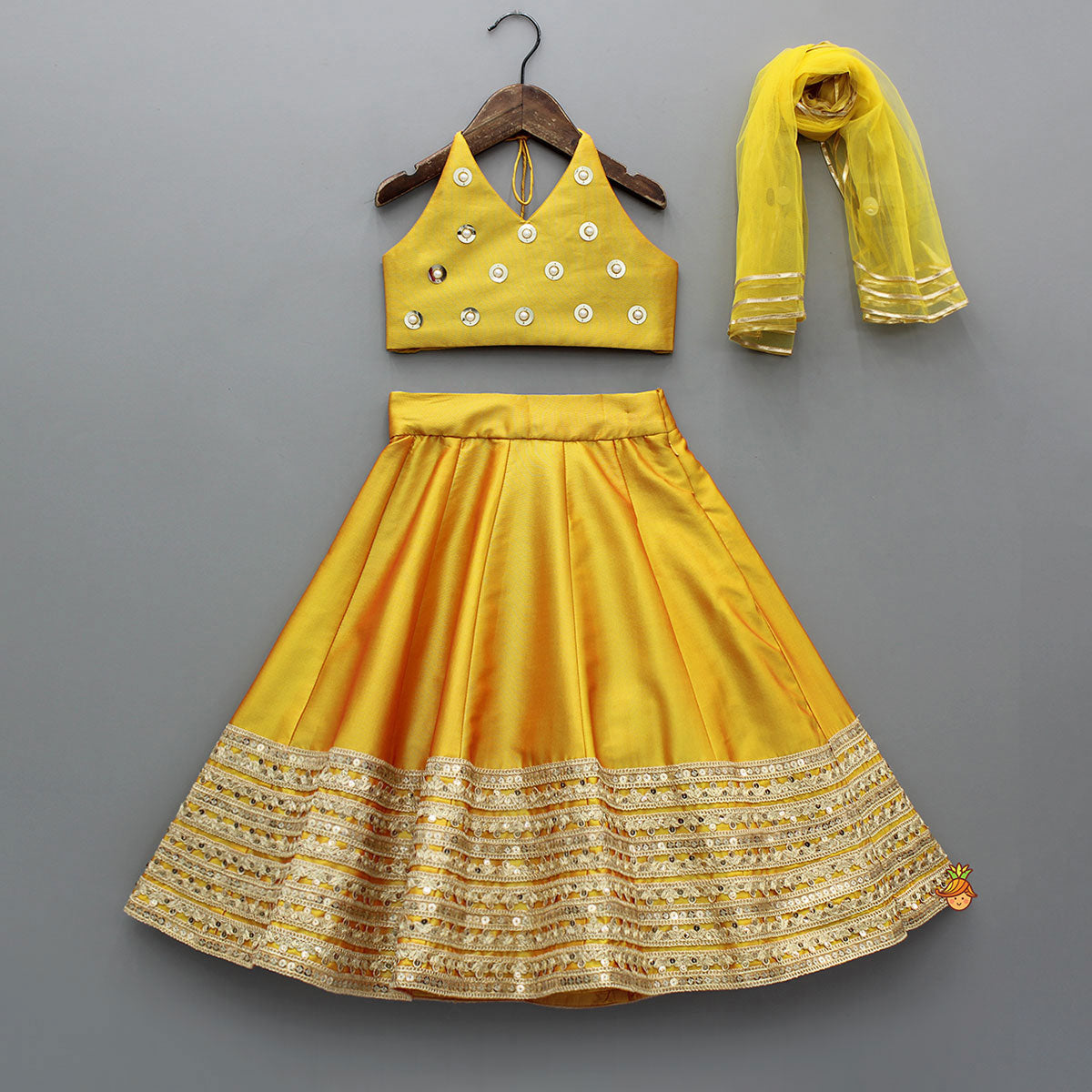 Pre Order: Open Back Halter Neck Mustard Yellow Top And Flared Lehenga With Gota Lace Detail Dupatta