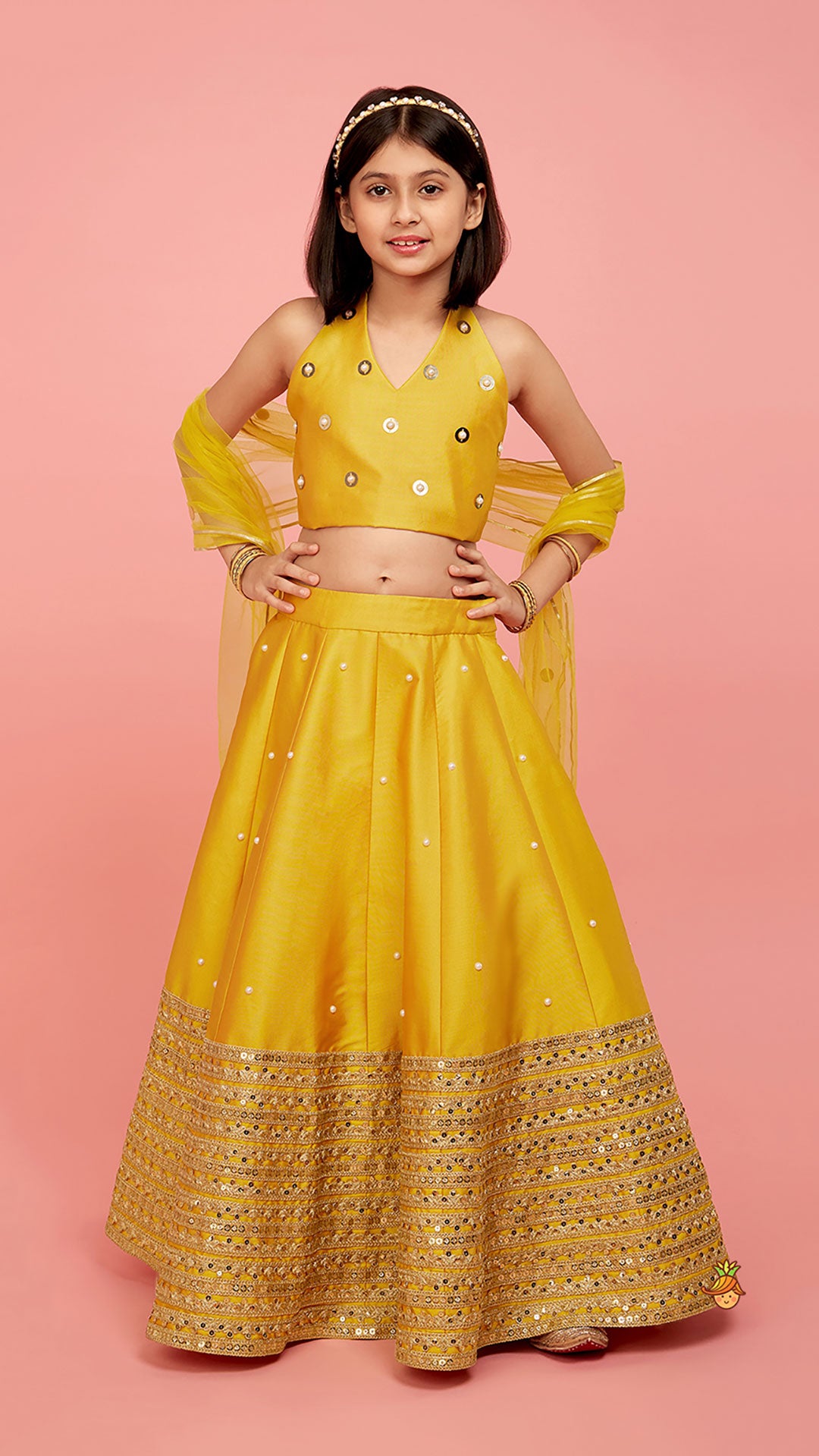 Pre Order: Open Back Halter Neck Mustard Yellow Top And Flared Lehenga With Gota Lace Detail Dupatta
