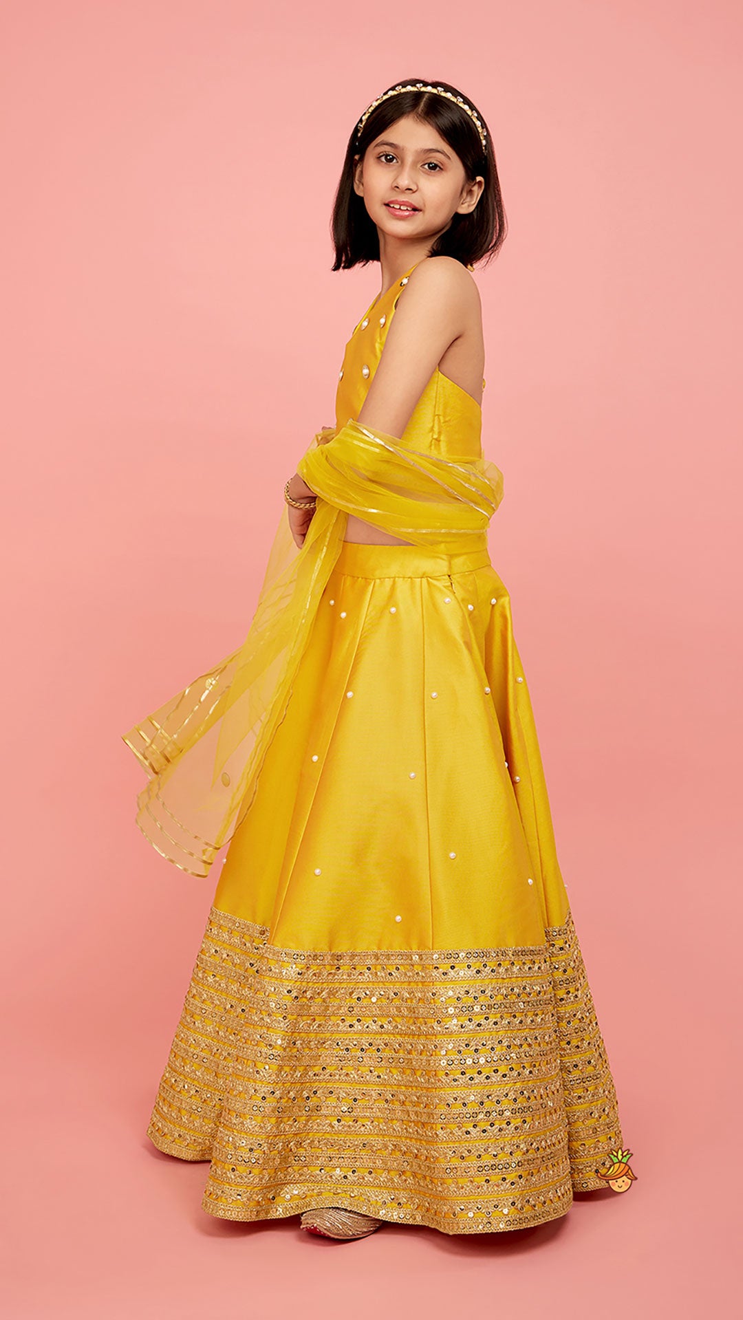 Pre Order: Open Back Halter Neck Mustard Yellow Top And Flared Lehenga With Gota Lace Detail Dupatta