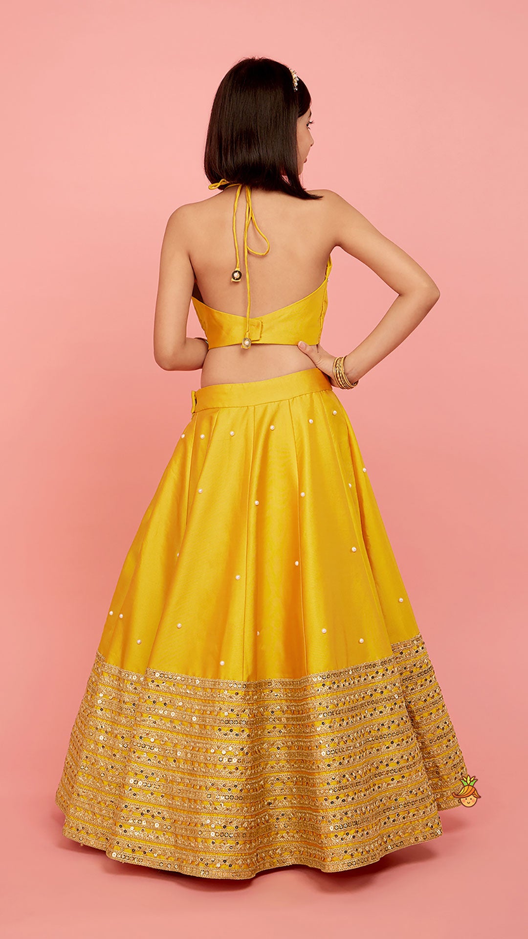 Pre Order: Open Back Halter Neck Mustard Yellow Top And Flared Lehenga With Gota Lace Detail Dupatta