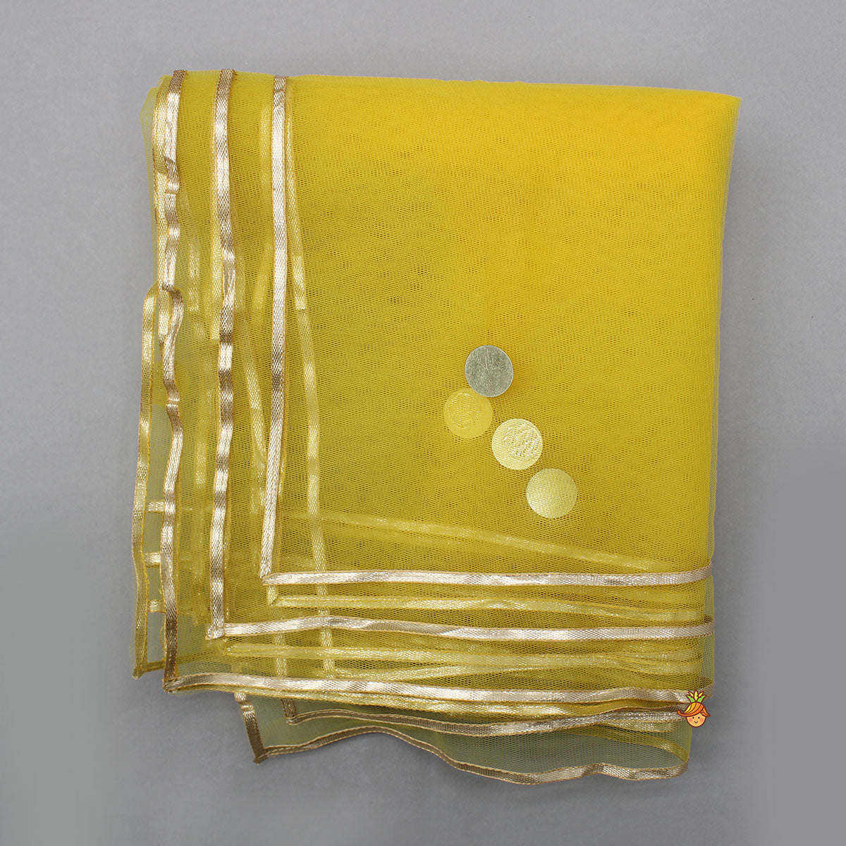 Pre Order: Open Back Halter Neck Mustard Yellow Top And Flared Lehenga With Gota Lace Detail Dupatta