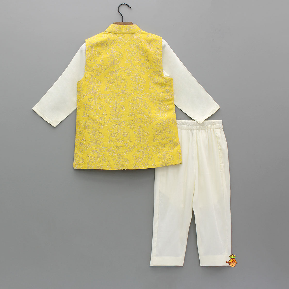 Pre Order: Off White Kurta With Ethnic Embroidered Front Open Jacket And Pyjama