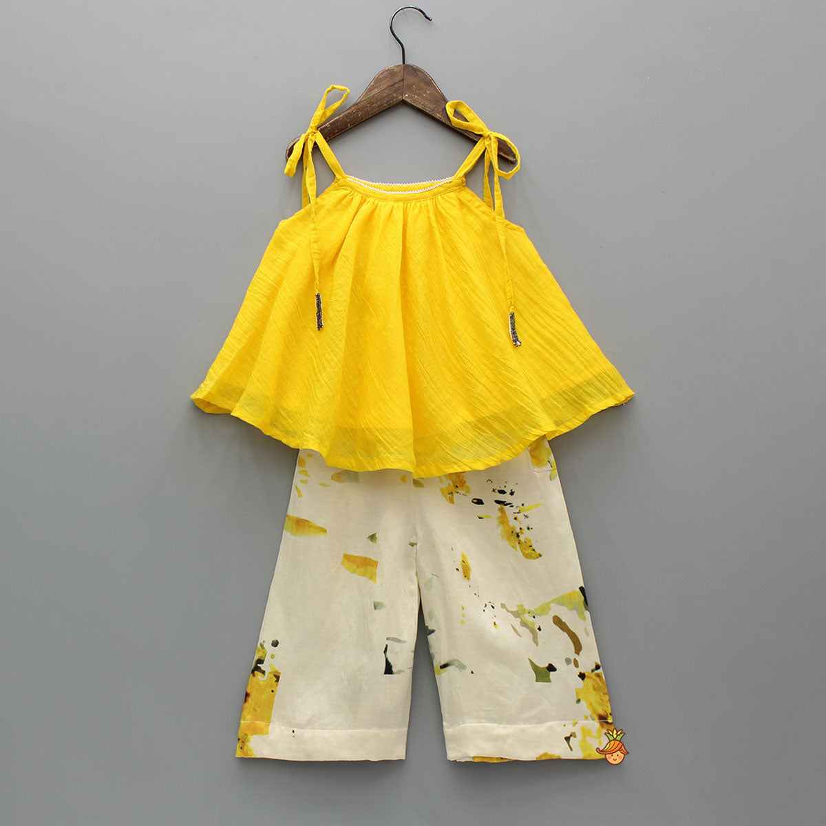Pre Order: Yellow Flared Tie Up Top With Printed Palazzo
