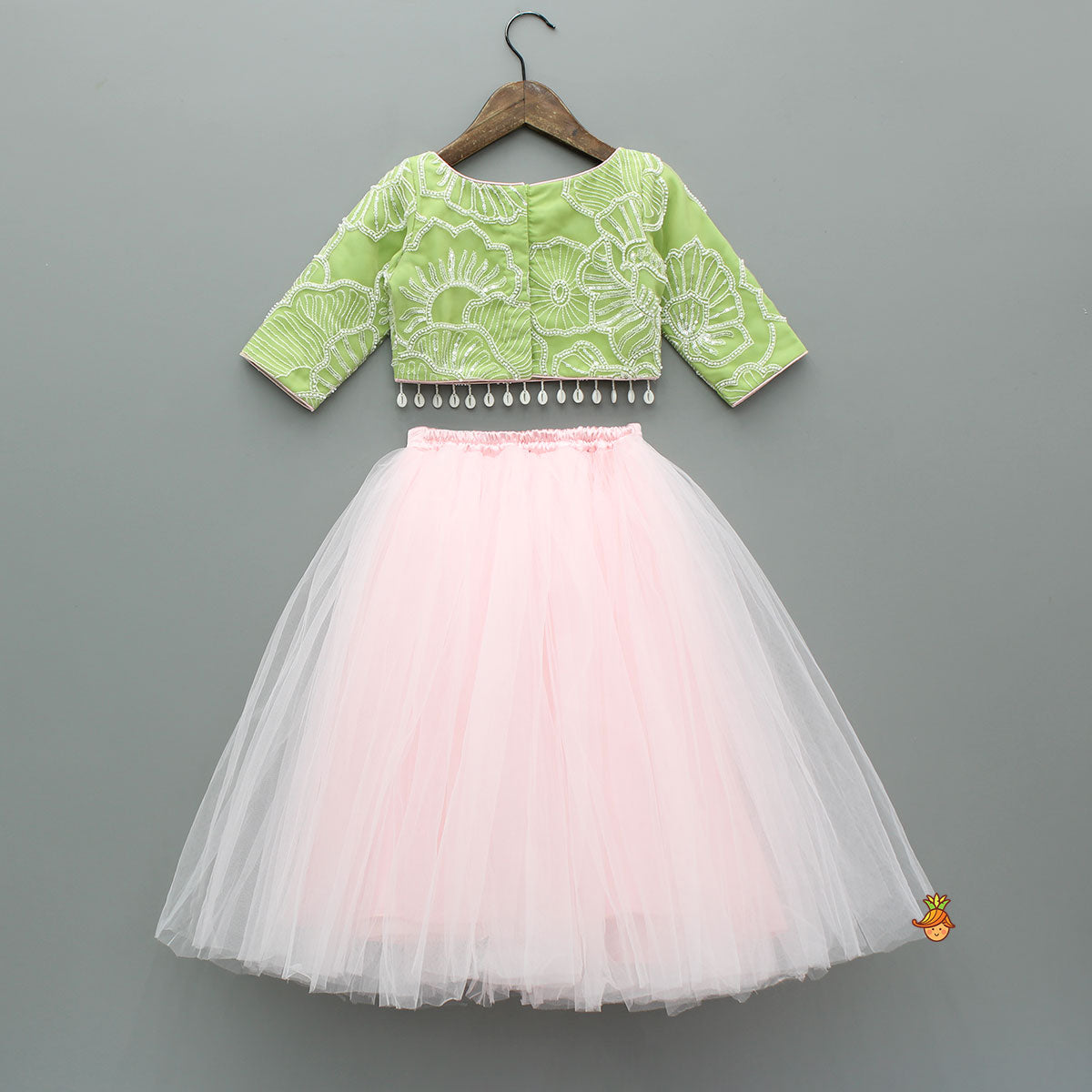 Pre Order: Adorable Floral Embroidered Top With Tulle Lehenga And Net Wrist Cuffs