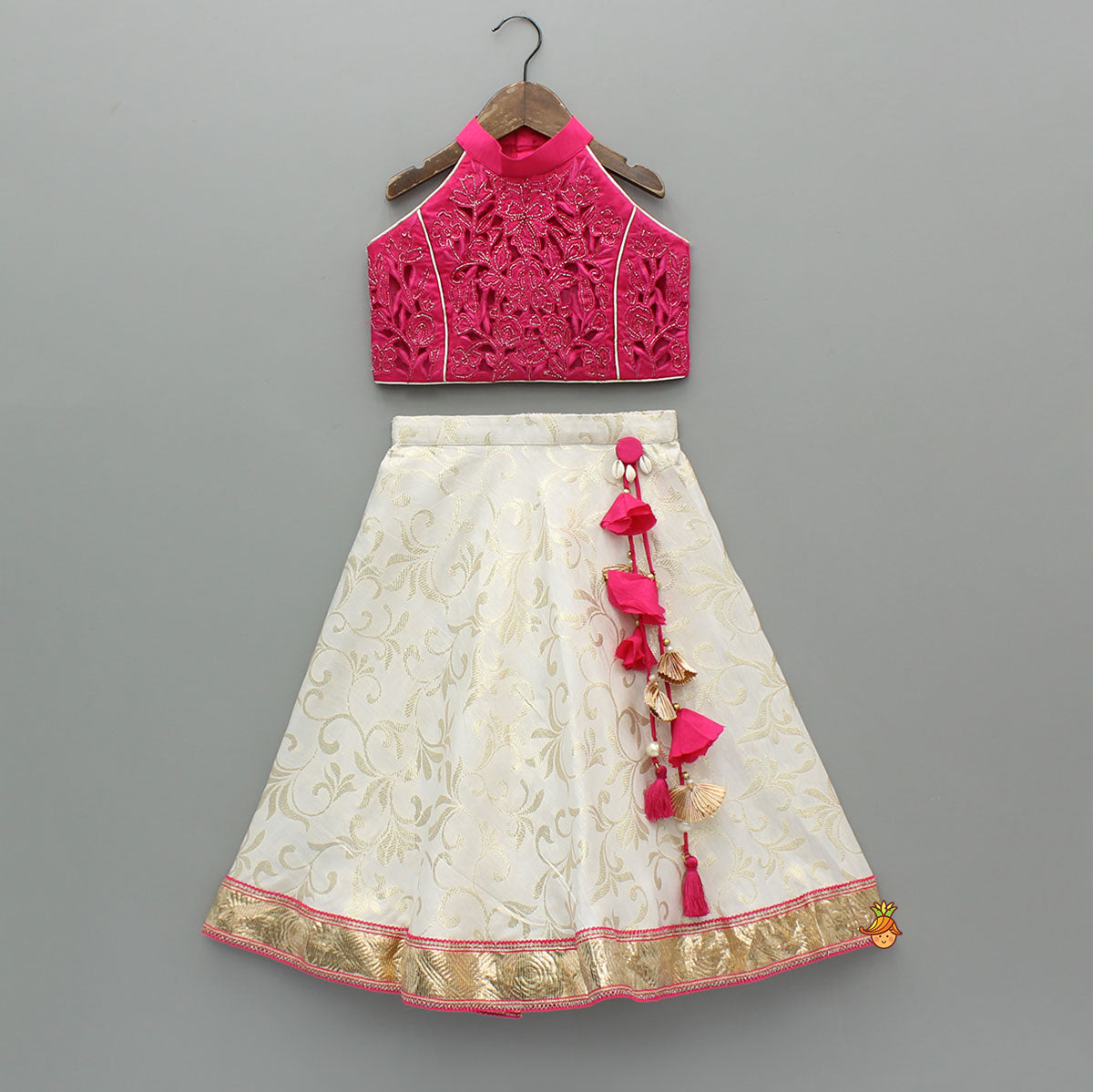 Pre Order: Stylish Pink Halter Neck Top With Brocade Lehenga