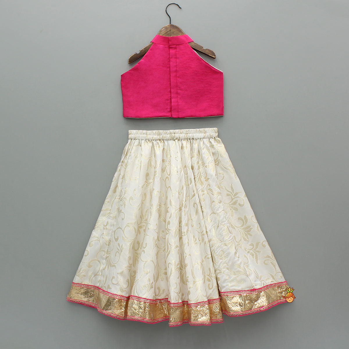 Pre Order: Stylish Pink Halter Neck Top With Brocade Lehenga