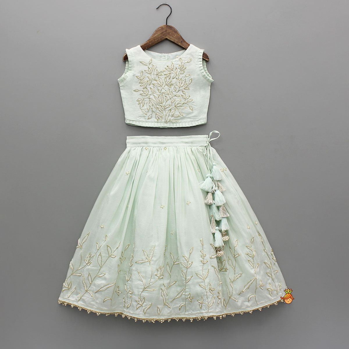 Pre Order: Elegant Floral Embroidered Pleat Detailed Top With Embroidered Lehenga